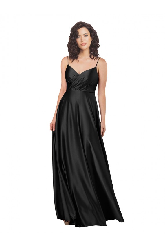 Negro línea A Cuello en V Satén sedoso Largo Formales Vestidos de dama de honor / Vestidos de fiesta Tiendas