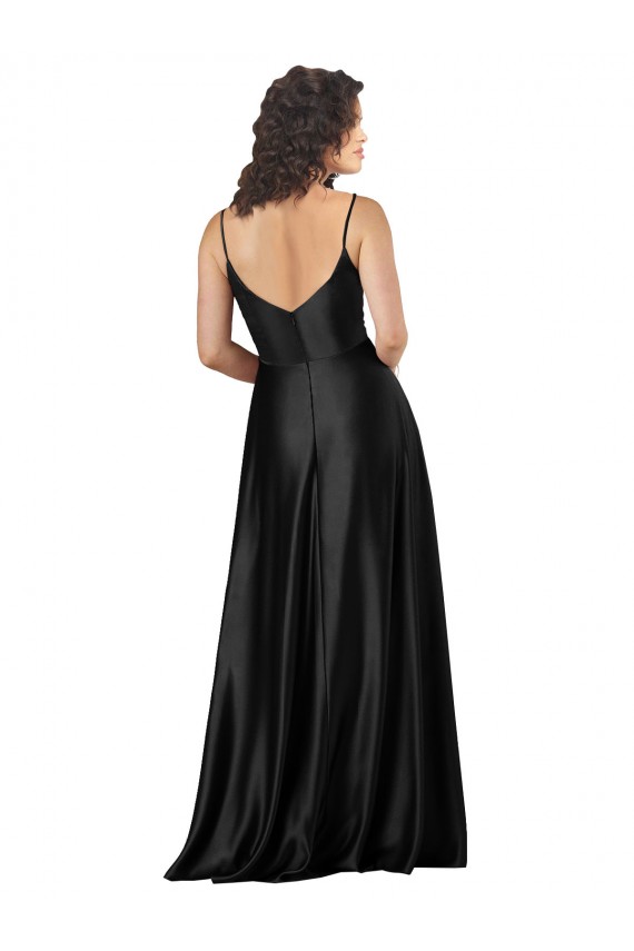 Negro línea A Cuello en V Satén sedoso Largo Formales Vestidos de dama de honor / Vestidos de fiesta Tiendas