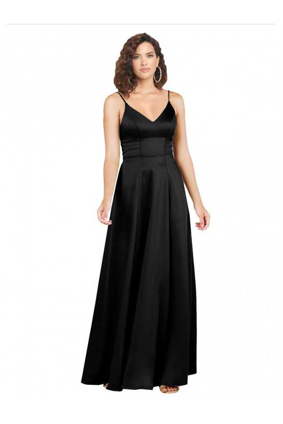 Negro línea A Cuello en V Satén sedoso Largo Formales Vestidos de dama de honor / Vestidos de fiesta Tiendas