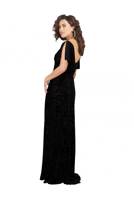 Negro línea A Cuello en V Terciopelo floral Terciopelo Elástico Largo Vestidos de dama de honor Tiendas