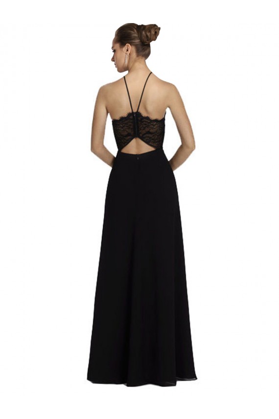 Negro línea A Halter Gasa Encaje Largo Vestidos de dama de honor Tiendas