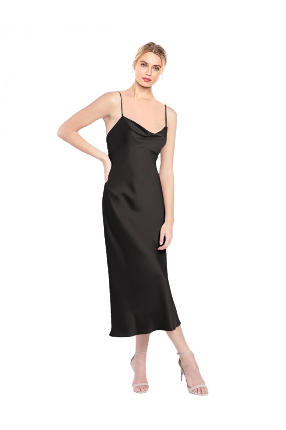 Negro línea A Tirantes espagueti Midi Satén elástico Corto Formales Vestidos de dama de honor / Vestidos de fiesta / Vestidos de cóctel Tiendas