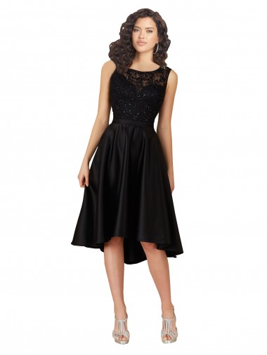 Negro línea A Ilusión Midi Satén Encaje Corto Asimétrico Vestidos de dama de honor / Vestidos de cóctel / Vestidos para homecoming Tiendas