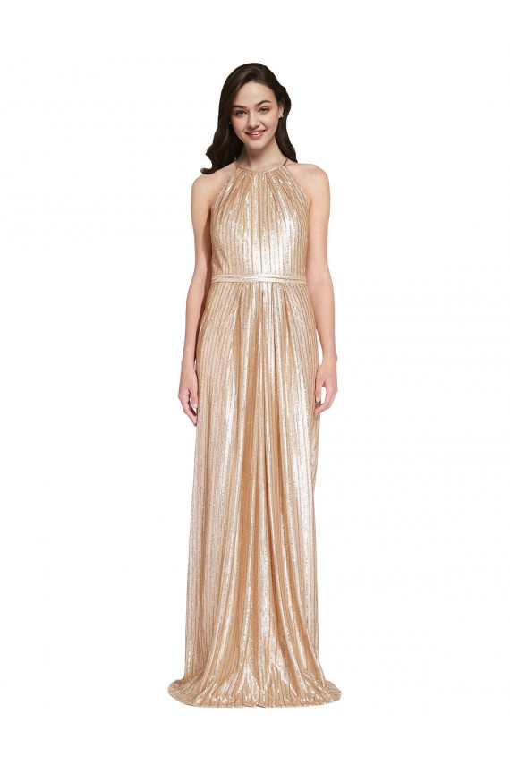 Oro Cubierta Halter Cuello Alto Lentejuela Largo Formales Vestidos de dama de honor / Vestidos de fiesta Tiendas
