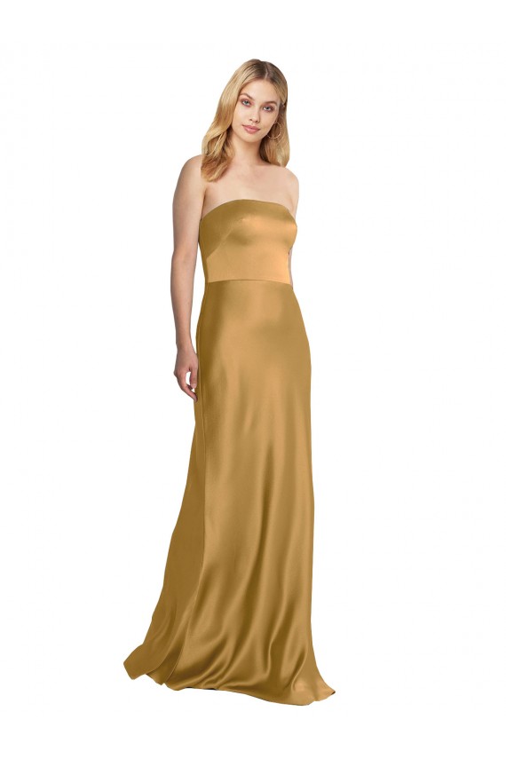 Oro línea A Sin tirantes Satén elástico Largo Formales Vestidos de dama de honor / Vestidos de fiesta Tiendas