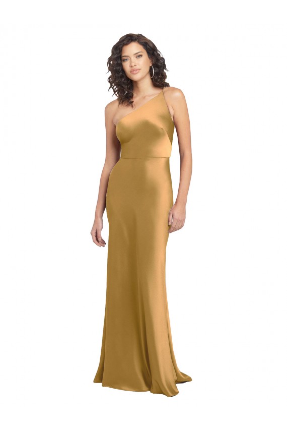 Oro línea A Un Hombre Satén elástico Largo Formales Vestidos de dama de honor / Vestidos de fiesta Tiendas