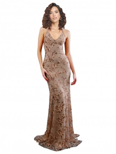 Oro rosa Sirena Cuello en V Cuello Alto Crepé Elástico Lentejuela Tul Largo Formales Vestidos de dama de honor / Vestidos de fiesta Tiendas