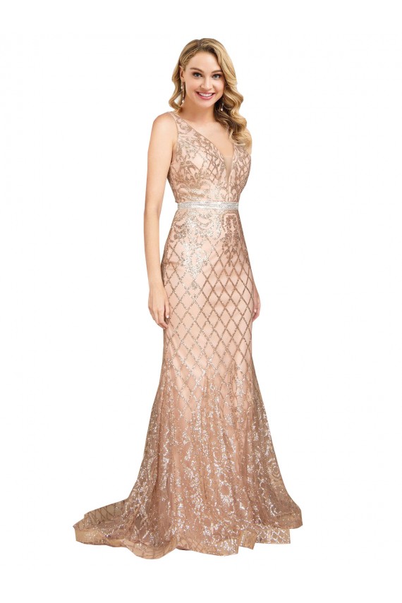 Oro rosa Sirena Cuello en V Lentejuela Lentejuelas brillantes Largo Formales Vestidos de dama de honor / Vestidos de fiesta Tiendas
