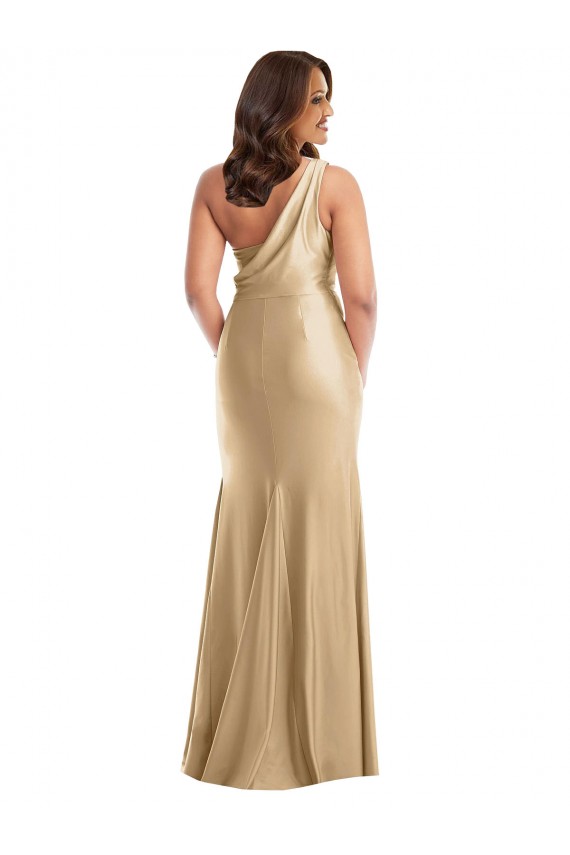 Oro suave Sirena Un Hombre Satén sedoso Largo Formales Vestidos de dama de honor / Vestidos de fiesta Tiendas