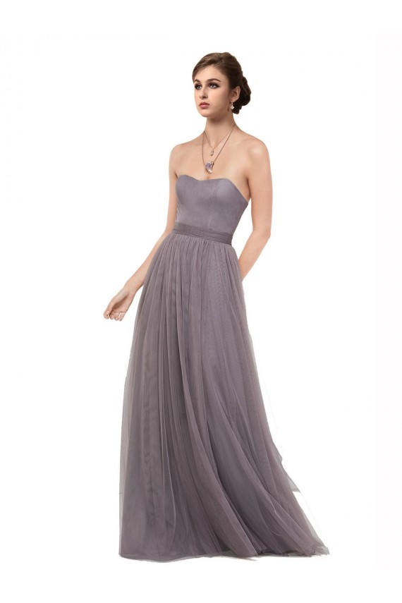 Pewter línea A Tirantes espagueti Tul Largo Vestidos de dama de honor Tiendas