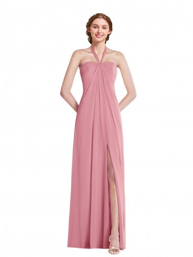 Piel rosa línea A Halter Gasa Largo Vestidos de dama de honor Tiendas