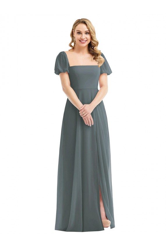 Pizarra gris línea A Cuadrado Gasa Largo Vestidos de dama de honor Tiendas