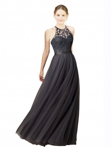 Pizarra gris línea A Cuello de Corazón Tul Encaje Largo Vestidos de dama de honor Tiendas