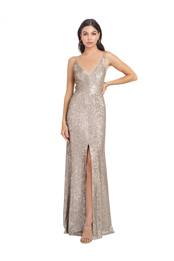 Plata Cubierta Cuello en V Cuello Alto Lentejuela Lentejuelas brillantes Largo Formales Vestidos de dama de honor / Vestidos de fiesta Tiendas