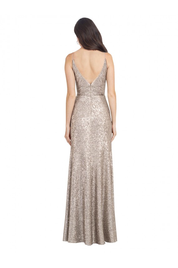 Plata Cubierta Cuello en V Cuello Alto Lentejuela Lentejuelas brillantes Largo Formales Vestidos de dama de honor / Vestidos de fiesta Tiendas