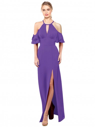 Púrpura línea A Halter Gasa Largo Vestidos de dama de honor Tiendas