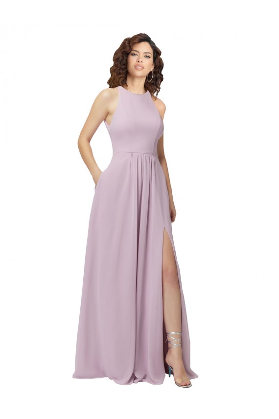 Resplandor rosa línea A Halter Cuello Alto Gasa Largo Vestidos de dama de honor Tiendas