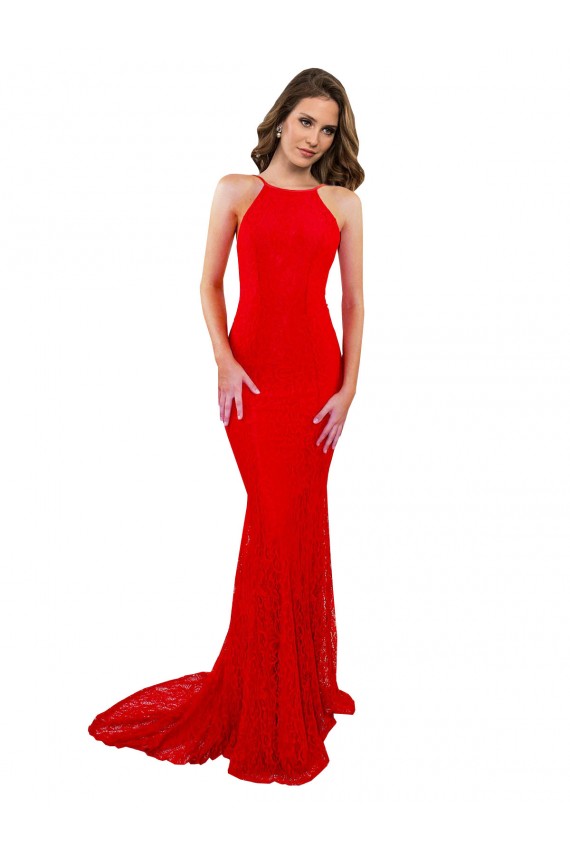 Rojo Sirena Cuello Alto Encaje Largo Formales Vestidos de dama de honor / Vestidos de fiesta Tiendas