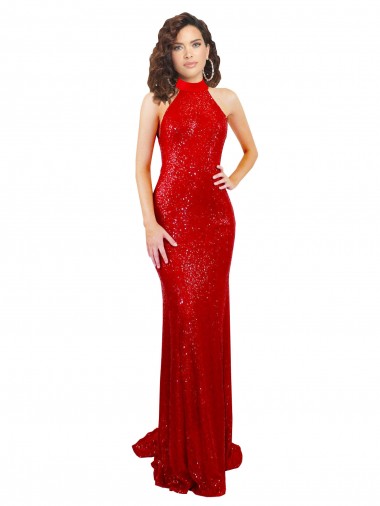 Rojo Sirena Halter Cuello Alto Lentejuela Largo Formales Vestidos de dama de honor / Vestidos de fiesta Tiendas