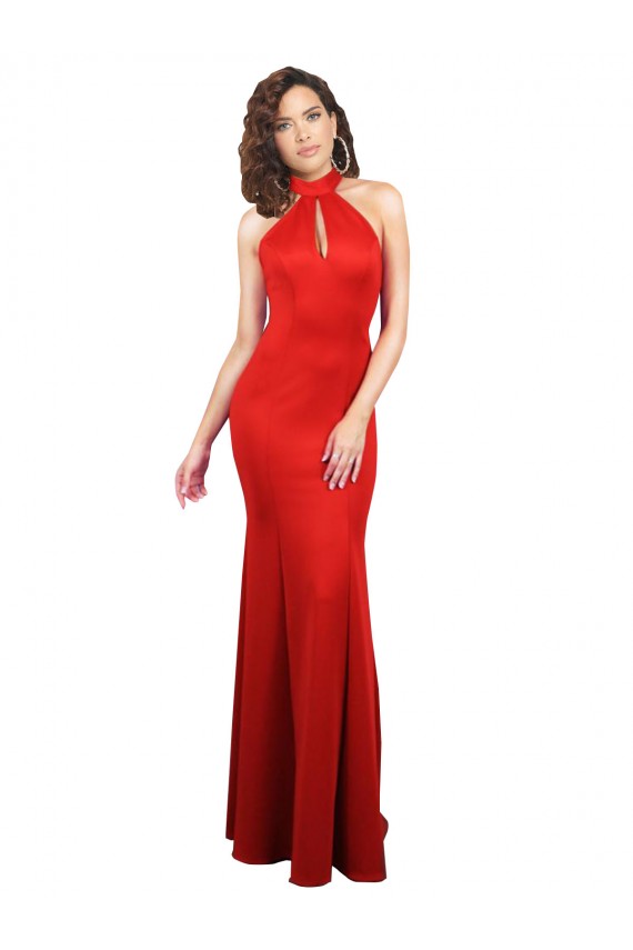 Rojo Sirena Halter Satén elástico Largo Formales Vestidos de dama de honor / Vestidos de fiesta Tiendas