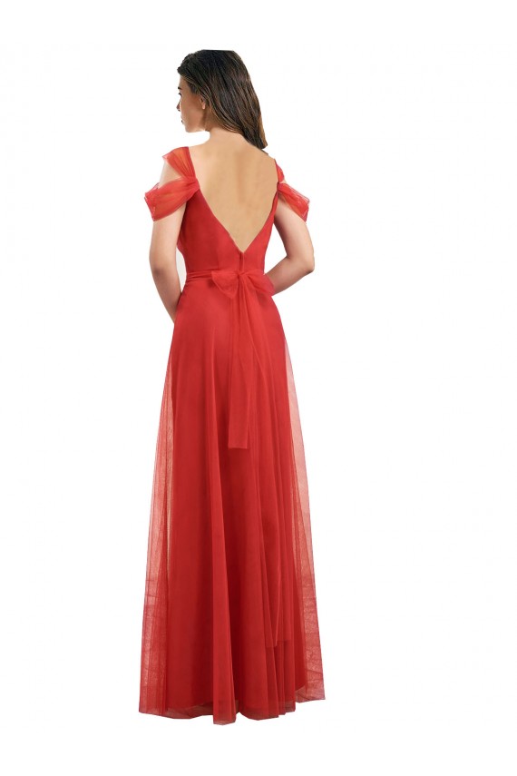 Rojo línea A Cuello de Corazón Tul Largo Vestidos de dama de honor Tiendas