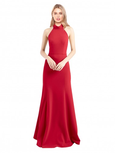 Rojo línea A Halter Cuello Alto Crepé Elástico Largo Formales Vestidos de dama de honor / Vestidos de fiesta Tiendas