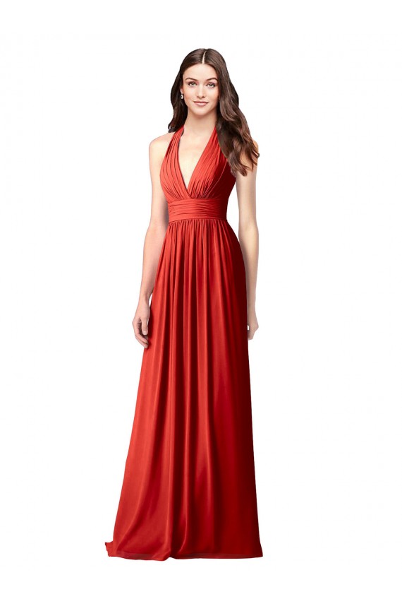 Rojo línea A Halter Cuello en V Gasa Largo Vestidos de dama de honor Tiendas
