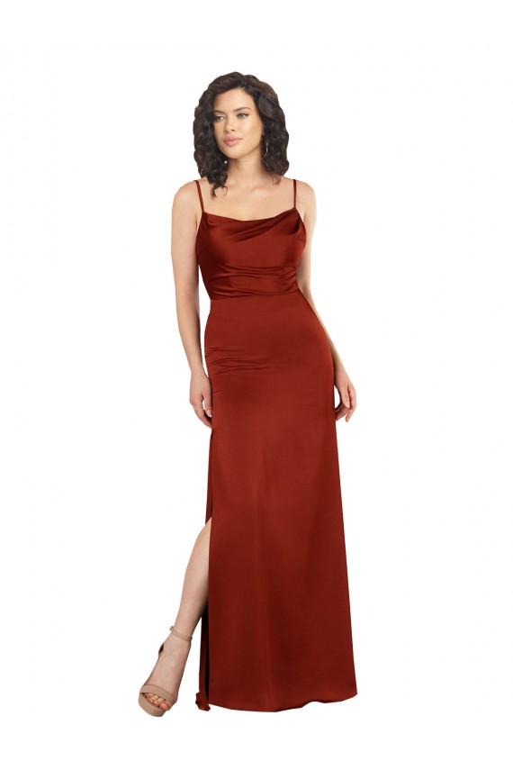 Rojo línea A Tirantes espagueti Cuadrado Satén sedoso Largo Formales Vestidos de dama de honor / Vestidos de fiesta Tiendas
