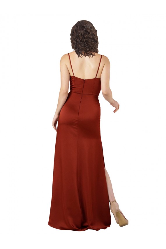 Rojo línea A Tirantes espagueti Cuadrado Satén sedoso Largo Formales Vestidos de dama de honor / Vestidos de fiesta Tiendas