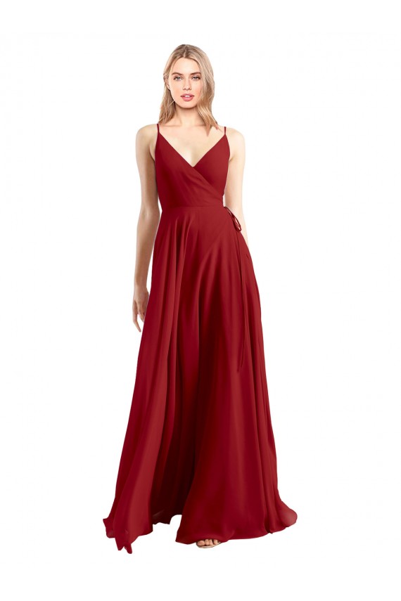 Rojo línea A Tirantes espagueti Cuello en V Gasa Largo Vestidos de dama de honor Tiendas