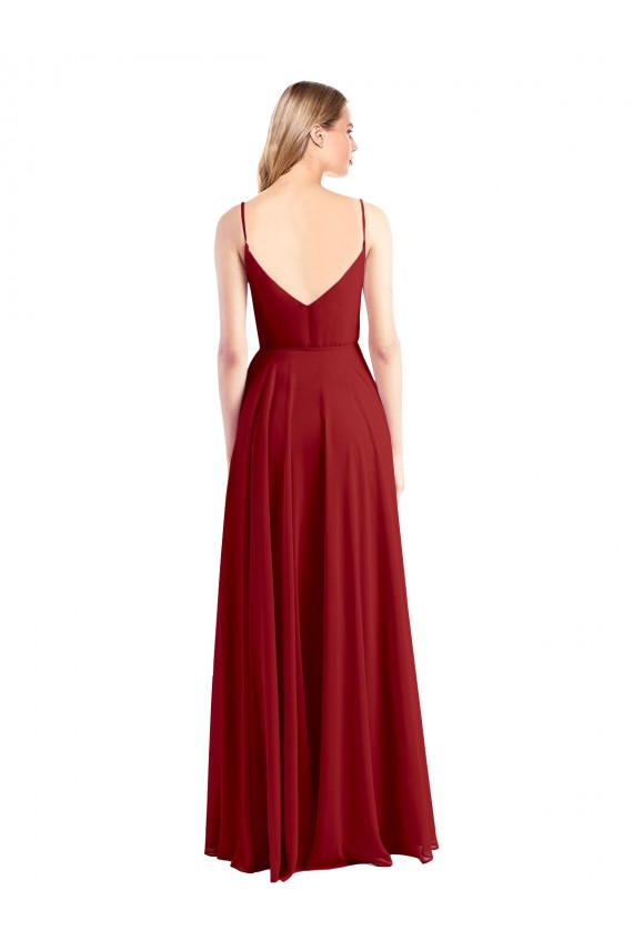 Rojo línea A Tirantes espagueti Cuello en V Gasa Largo Vestidos de dama de honor Tiendas