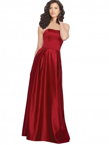 Rojo oscuro línea A Sin tirantes Satén Largo Vestidos de dama de honor / Vestidos de fiesta Tiendas