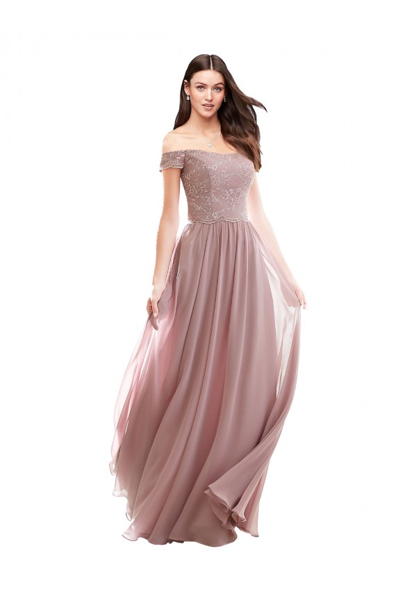 Rosa 147 línea A Hombros Descubiertos Gasa Encaje Largo Vestidos de dama de honor Tiendas