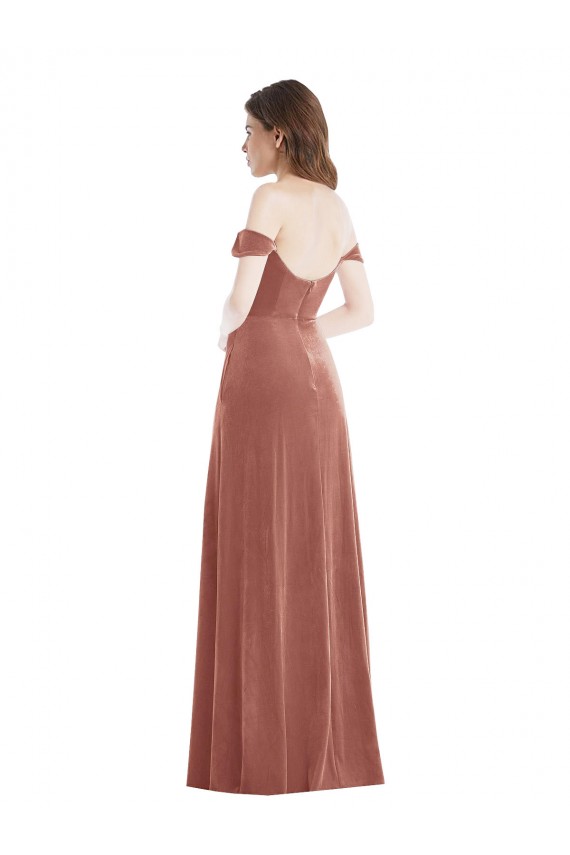 Rosa Canela línea A Hombros Descubiertos Terciopelo Elástico Largo Vestidos de dama de honor / Vestidos de fiesta Tiendas