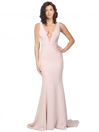 Rosa Cubierta Cuello en V Barrer tren Crepé Elástico Largo Formales Vestidos de dama de honor / Vestidos de fiesta Tiendas