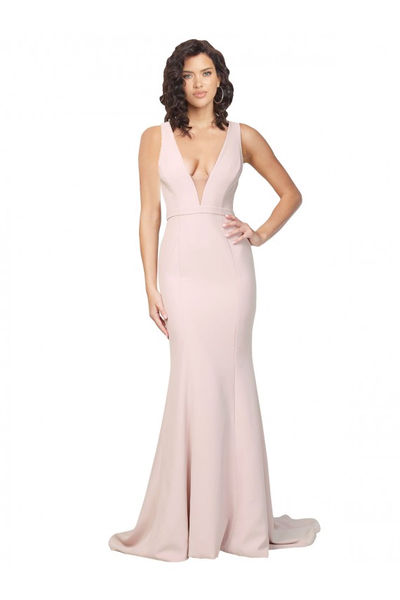 Rosa Cubierta Cuello en V Barrer tren Crepé Elástico Largo Formales Vestidos de dama de honor / Vestidos de fiesta Tiendas