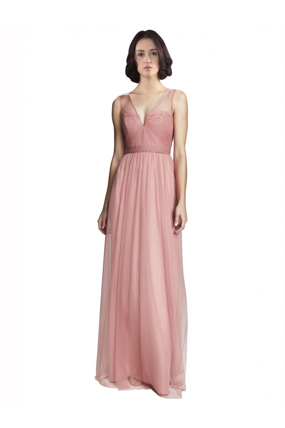 Rosa Rosa línea A Cuello en V Tul Largo Vestidos de dama de honor Tiendas