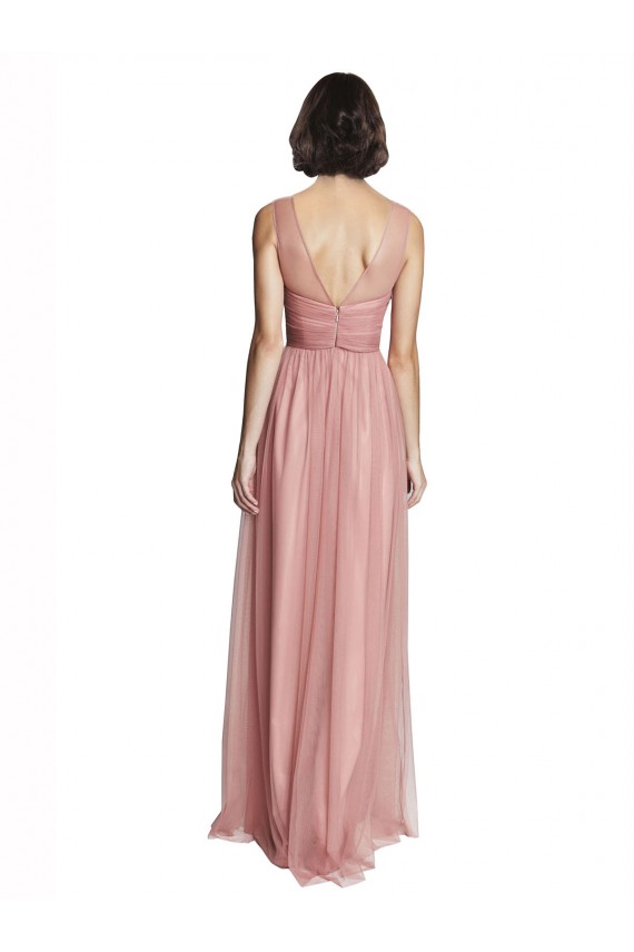 Rosa Rosa línea A Cuello en V Tul Largo Vestidos de dama de honor Tiendas