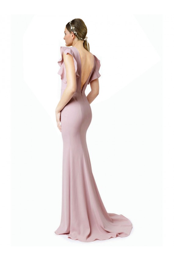 Rosa Sirena Cuello joya Barrer tren Crepé Elástico Largo Vestidos de dama de honor / Vestidos de fiesta Tiendas