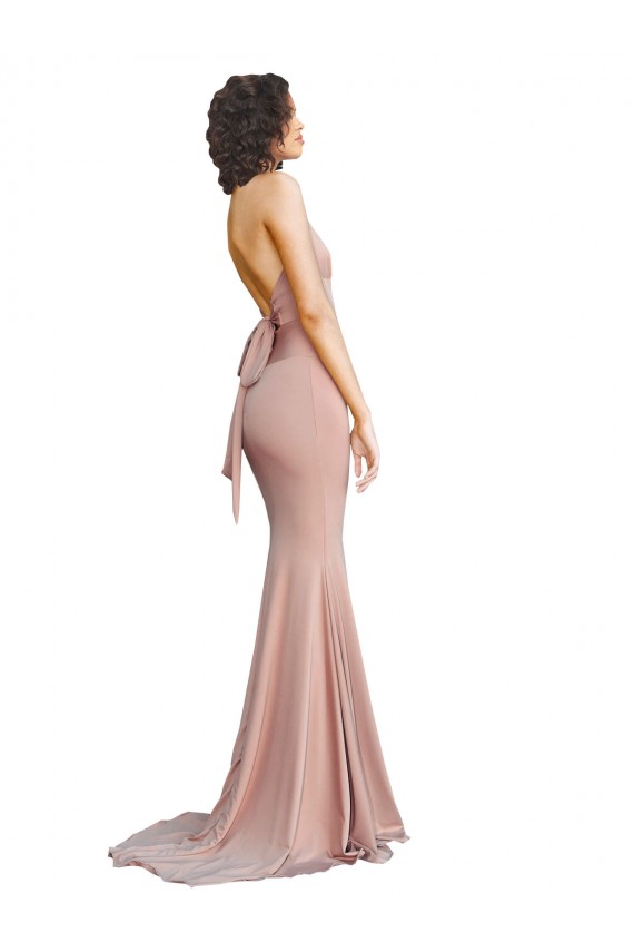 Rosa empolvado Sirena Cuello en V Spandex Largo Formales Vestidos de dama de honor / Vestidos de fiesta Tiendas