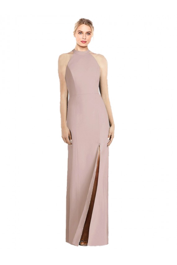 Rosa empolvado Trompeta Halter Crepé Elástico Largo Vestidos de dama de honor Tiendas