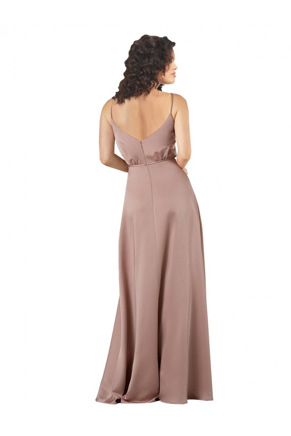 Rosa empolvado línea A Cuello en V Cuello de Corazón Satén sedoso Largo Formales Vestidos de dama de honor / Vestidos de noche Tiendas