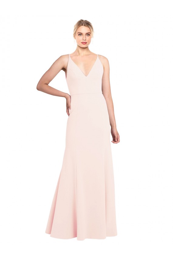 Rosa línea A Cuello en V Cuello Alto Crepé Elástico Largo Formales Vestidos de dama de honor / Vestidos de fiesta Tiendas