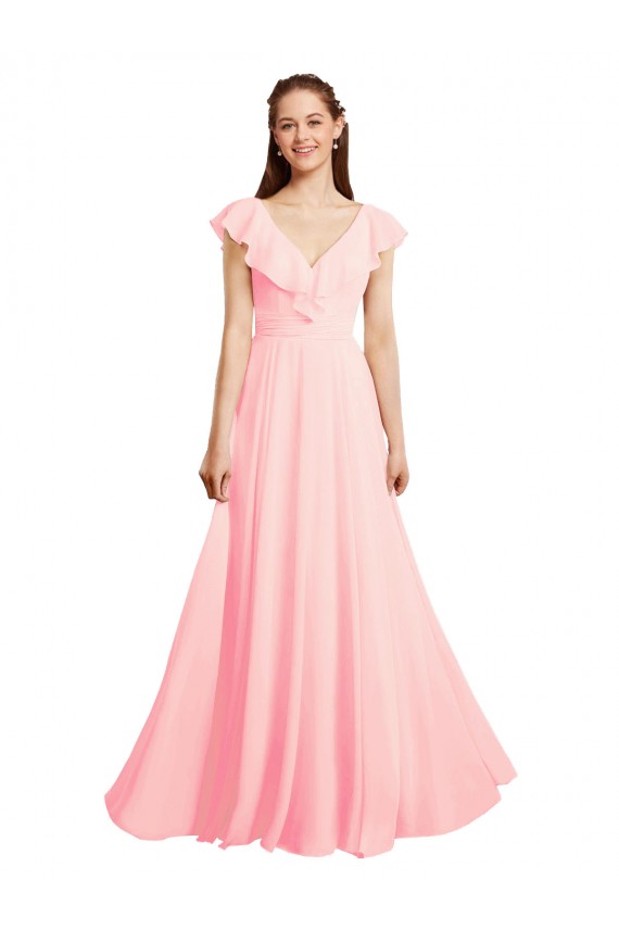 Rosa línea A Cuello en V Gasa Largo Vestidos de dama de honor Tiendas