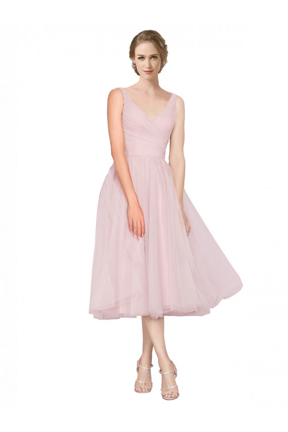 Rosa línea A Cuello en V Tul Corto Vestidos de dama de honor / Vestidos de cóctel / Vestidos para homecoming Tiendas