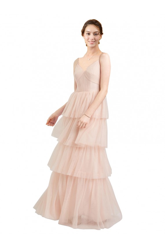 Rosa línea A Cuello en V Tul Largo Vestidos de dama de honor Tiendas