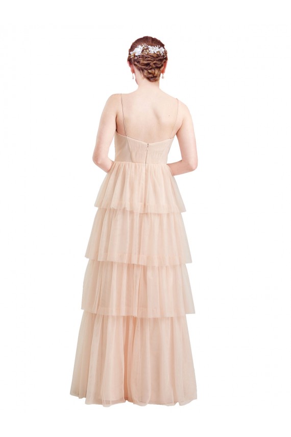 Rosa línea A Cuello en V Tul Largo Vestidos de dama de honor Tiendas