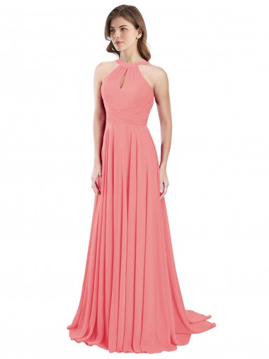 Sandía línea A Halter Gasa Largo Vestidos de dama de honor Tiendas