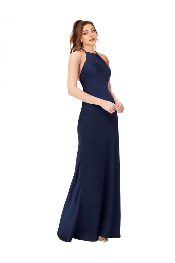 Sapphire Cubierta Cuello Alto Satén sedoso Largo Formales Vestidos de dama de honor / Vestidos de fiesta Tiendas