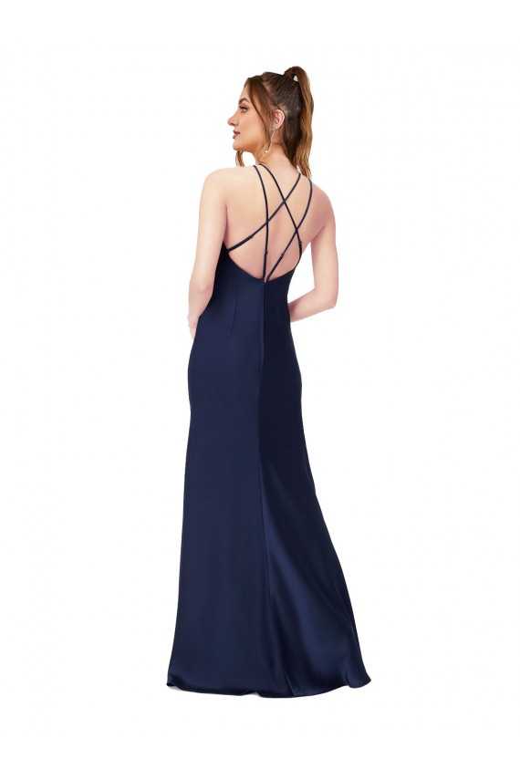 Sapphire Cubierta Cuello Alto Satén sedoso Largo Formales Vestidos de dama de honor / Vestidos de fiesta Tiendas